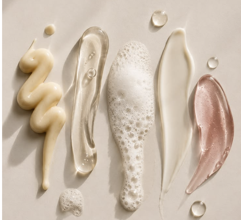 Five cosmetic texture swatches — cream, gel, foam, lotion, and serum — arranged on a soft neutral background